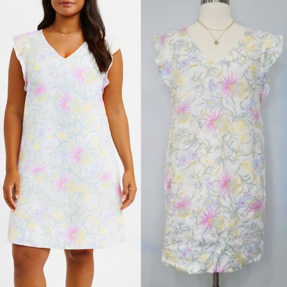 Joie Linen Floral Dress Short Flutter Sleeve Mini Pastel Sheath Dress Size Small